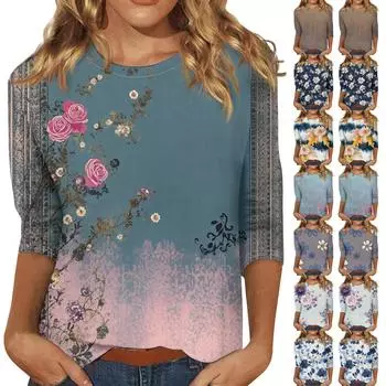 Женская модная повседневная свободная футболка с круглым вырезом и рукавами 3/4 с принтом, женский топ L синий
