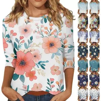 Женская модная повседневная свободная футболка с круглым вырезом и рукавами 3/4 с принтом, женский топ L бежевый