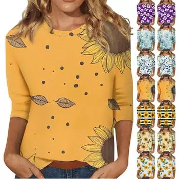 Женская модная повседневная свободная футболка с круглым вырезом и рукавами 3/4 с принтом, женский топ L