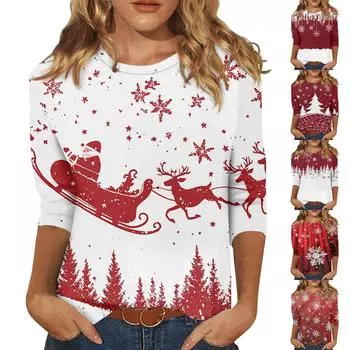 Женская модная повседневная свободная футболка с круглым вырезом и рукавами 3/4 с принтом, женский топ M винный