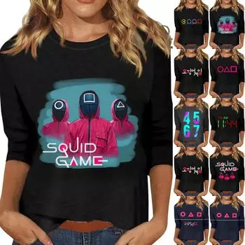 Женская модная повседневная свободная футболка с круглым вырезом и рукавами 3/4 с принтом, женский топ XL циан