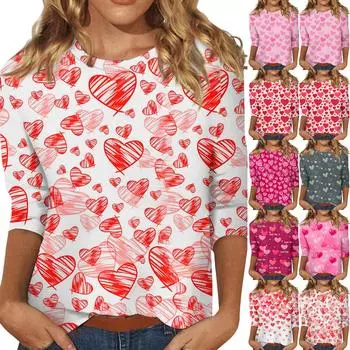 Женская модная повседневная свободная футболка с круглым вырезом и рукавами 3/4 с принтом, женский топ S