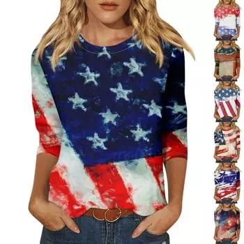 Женская модная повседневная свободная футболка с круглым вырезом и рукавами 3/4 с принтом, женский топ L синий