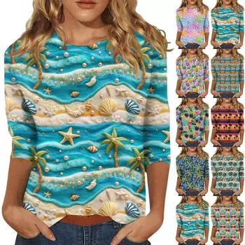 Женская модная повседневная свободная футболка с круглым вырезом и рукавами 3/4 с принтом, женский топ L
