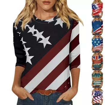 Женская модная повседневная свободная футболка с круглым вырезом и рукавами 3/4 с принтом, женский топ XXXL синий