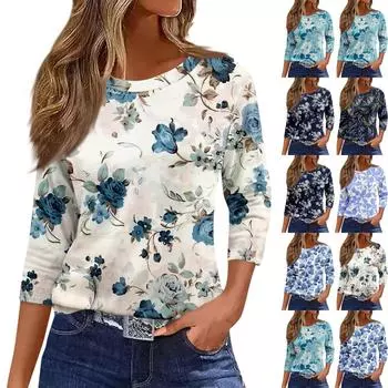 Женская модная повседневная свободная футболка с круглым вырезом и рукавами 3/4 с принтом, женский топ XXL