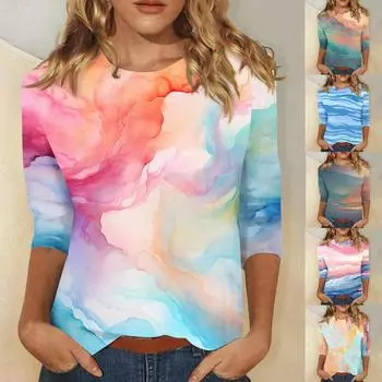 Женская модная повседневная свободная футболка с круглым вырезом и рукавами 3/4 с цветочным принтом, женский топ L