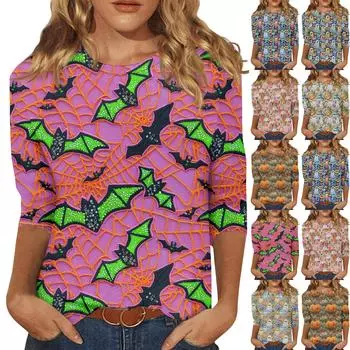 Женская модная повседневная свободная футболка с круглым вырезом и рукавами 3/4 на Хэллоуин, женский топ S зелёный