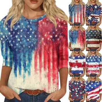 Женская модная повседневная свободная футболка с круглым вырезом и рукавами 3/4 с принтом, женский топ XL