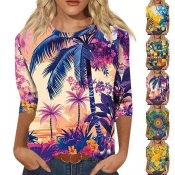 Женская модная повседневная свободная футболка с круглым вырезом и рукавами 3/4 с принтом, женский топ XXL