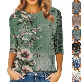 Женская модная повседневная свободная футболка с круглым вырезом и рукавами 3/4 с принтом, женский топ XXXL синий