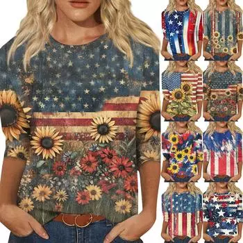 Женская модная повседневная свободная футболка с круглым вырезом и рукавами 3/4 с принтом, женский топ L синий