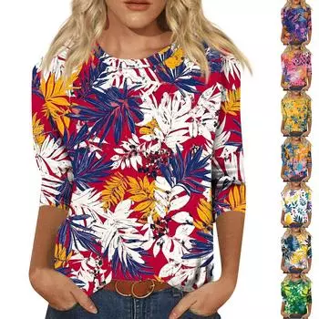 Женская модная повседневная свободная футболка с круглым вырезом и рукавами 3/4 с принтом, женский топ XL тёмно-синий