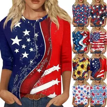 Женская модная повседневная свободная футболка с круглым вырезом и рукавами 3/4 с принтом, женский топ L тёмно-синий