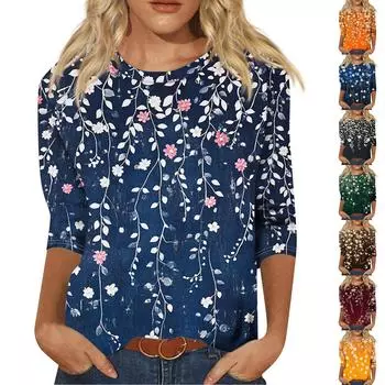 Женская модная повседневная свободная футболка с круглым вырезом и рукавами 3/4 с принтом, женский топ XXL