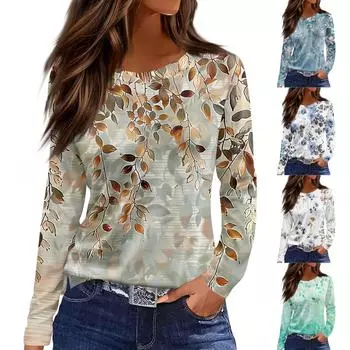 Женская модная повседневная свободная футболка с принтом и круглым вырезом с разрезом и длинным рукавом, женский топ L синий