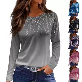 Женская модная повседневная свободная футболка с принтом и круглым вырезом с разрезом и длинным рукавом, женский топ L чёрный