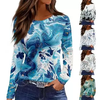 Женская модная повседневная свободная футболка с принтом и круглым вырезом с разрезом и длинным рукавом, женский топ L синий