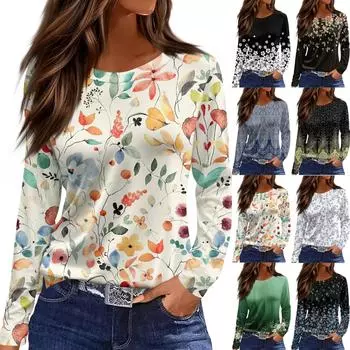 Женская модная повседневная свободная футболка с принтом и круглым вырезом с разрезом и длинным рукавом, женский топ XXL коричневый