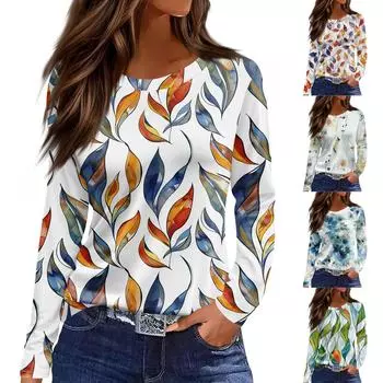 Женская модная повседневная свободная футболка с принтом и круглым вырезом с разрезом и длинным рукавом, женский топ L синий