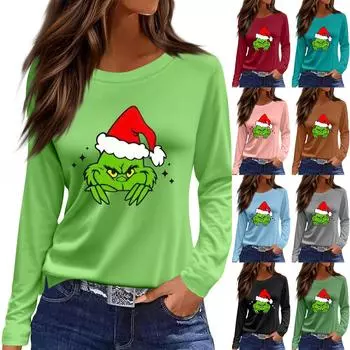Женская модная повседневная свободная футболка с принтом и круглым вырезом с разрезом и длинным рукавом, женский топ S зелёный