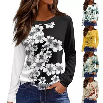 Женская модная повседневная свободная футболка с принтом и круглым вырезом с разрезом и длинным рукавом, женский топ XXXL