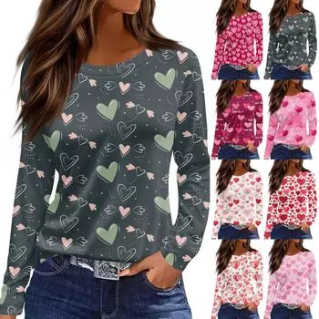Женская модная повседневная свободная футболка с принтом и круглым вырезом с разрезом и длинным рукавом, женский топ L