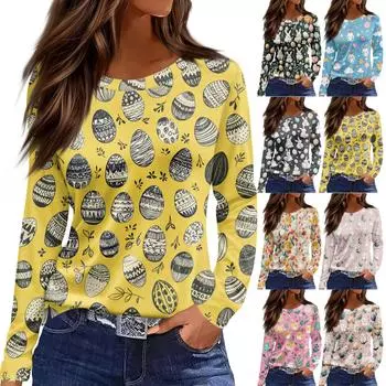 Женская модная повседневная свободная футболка с принтом и круглым вырезом с разрезом и длинным рукавом, женский топ XXXL циан