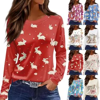 Женская модная повседневная свободная футболка с принтом и круглым вырезом с разрезом и длинным рукавом, женский топ XXXL