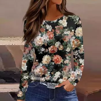 Женская модная повседневная свободная футболка с разрезом и круглым вырезом с длинным рукавом с принтом, женский топ M чёрный