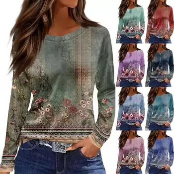 Женская модная повседневная свободная футболка с разрезом и круглым вырезом с длинным рукавом с принтом, женский топ S синий