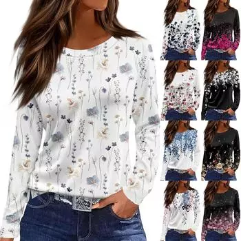 Женская модная повседневная свободная футболка с разрезом и круглым вырезом с длинным рукавом с принтом, женский топ M