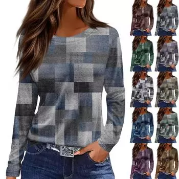 Женская модная повседневная свободная футболка с разрезом и круглым вырезом с длинным рукавом с принтом, женский топ XL синий