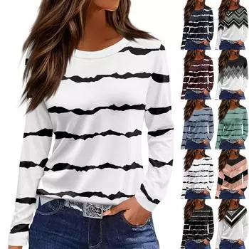 Женская модная повседневная свободная футболка с разрезом и круглым вырезом с длинным рукавом с принтом, женский топ L чёрный