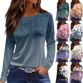 Женская модная повседневная свободная футболка с разрезом и круглым вырезом с длинным рукавом с принтом, женский топ L чёрный