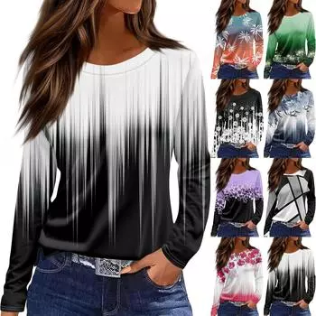 Женская модная повседневная свободная футболка с разрезом и круглым вырезом с длинным рукавом с принтом, женский топ L чёрный