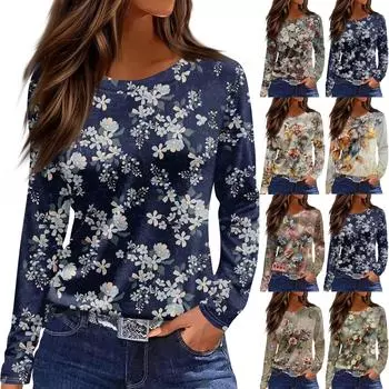 Женская модная повседневная свободная футболка с разрезом и круглым вырезом с длинным рукавом с принтом, женский топ XXL жёлтый