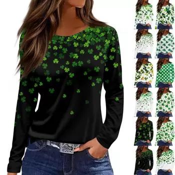 Женская модная повседневная свободная футболка с разрезом и круглым вырезом с длинным рукавом с принтом, женский топ M