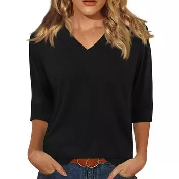 Женская модная повседневная свободная футболка с v-образным вырезом и рукавами 3/4 с принтом, женский топ L чёрный