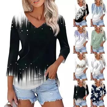 Женская модная повседневная свободная футболка с v-образным вырезом и рукавами 3/4 с принтом, женский топ L чёрный