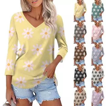 Женская модная повседневная свободная футболка с v-образным вырезом и рукавами 3/4 с принтом, женский топ L чёрный