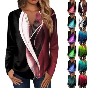 Женская модная повседневная свободная футболка с v-образным вырезом и длинным рукавом, женский топ с декоративными пуговицами L чёрный