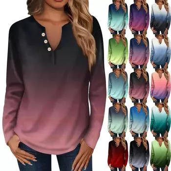 Женская модная повседневная свободная футболка с v-образным вырезом и длинным рукавом, женский топ с декоративными пуговицами синий