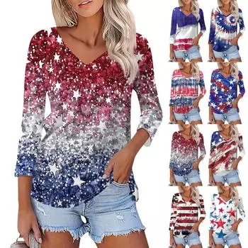 Женская модная повседневная свободная футболка с v-образным вырезом и рукавами 3/4 с принтом, женский топ L синий