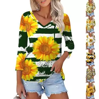 Женская модная повседневная свободная футболка с v-образным вырезом и рукавами 3/4 с принтом, женский топ L чёрный