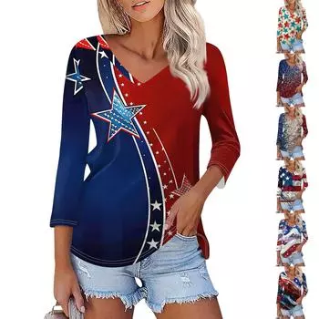 Женская модная повседневная свободная футболка с v-образным вырезом и рукавами 3/4 с принтом, женский топ L синий