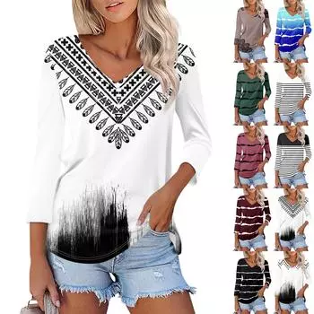 Женская модная повседневная свободная футболка с v-образным вырезом и рукавами 3/4 с принтом, женский топ L чёрный