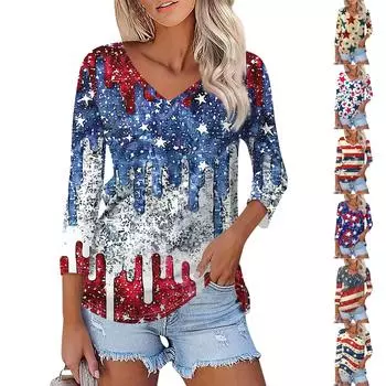 Женская модная повседневная свободная футболка с v-образным вырезом и рукавами 3/4 с принтом, женский топ L синий