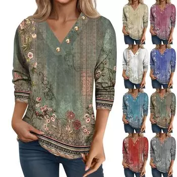 Женская модная повседневная свободная футболка с v-образным вырезом и рукавами 3/4 с принтом, женский топ L