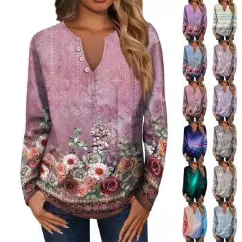 Женская модная повседневная свободная футболка с v-образным вырезом и длинным рукавом, женский топ с декоративными пуговицами L серебряный